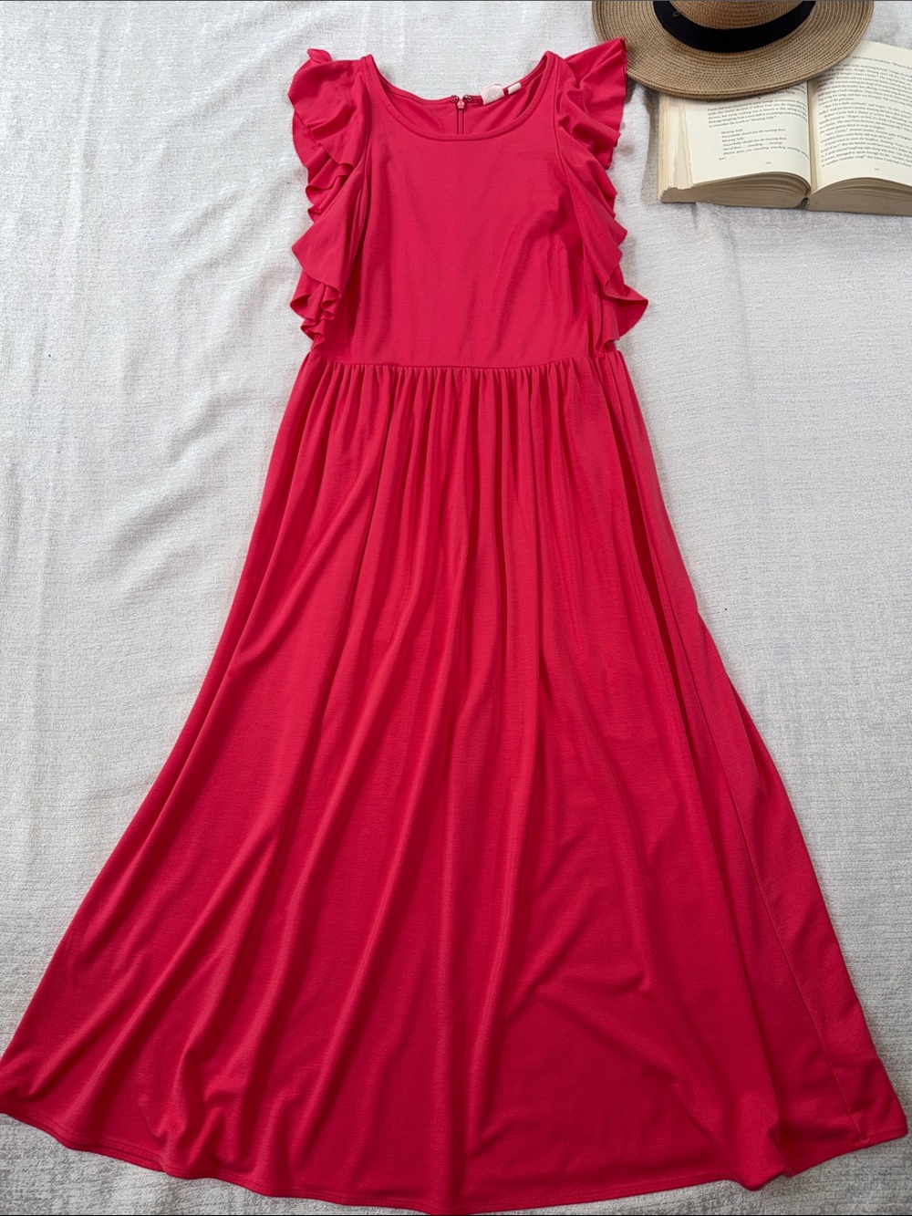 Watermelon Pink Ruffle Sleeve Midi Dress
